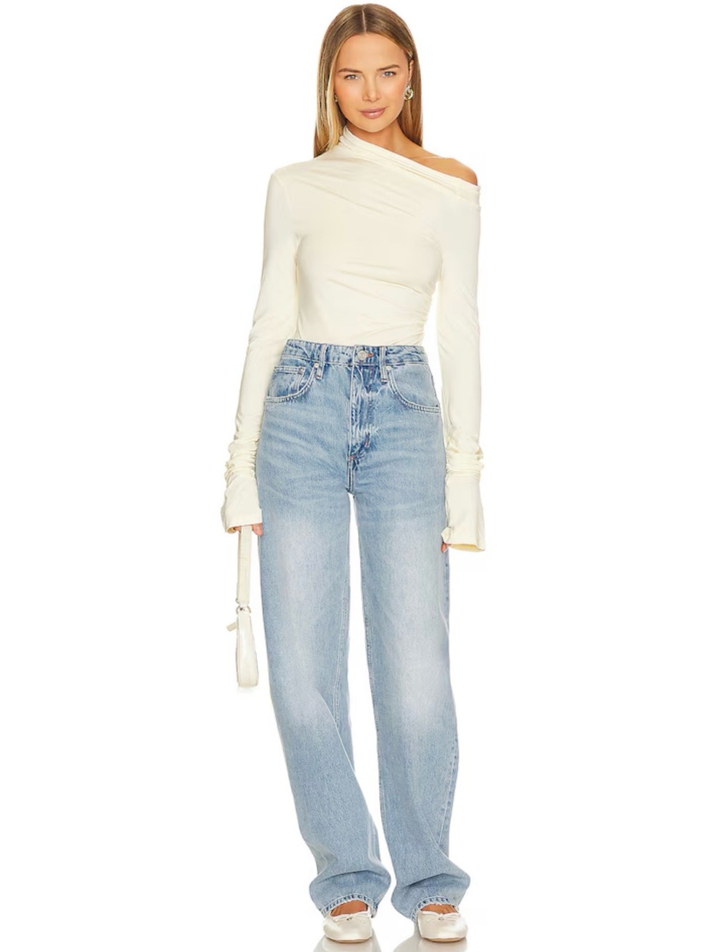 SNDYS Nyah Bodysuit in Cream Ruched Sleeve Off Shoulder Women’s S NEW